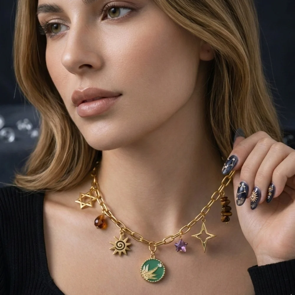 18K Gold Plated Boho Celestial Sun Star Charm Necklace 316L Stainless Steel